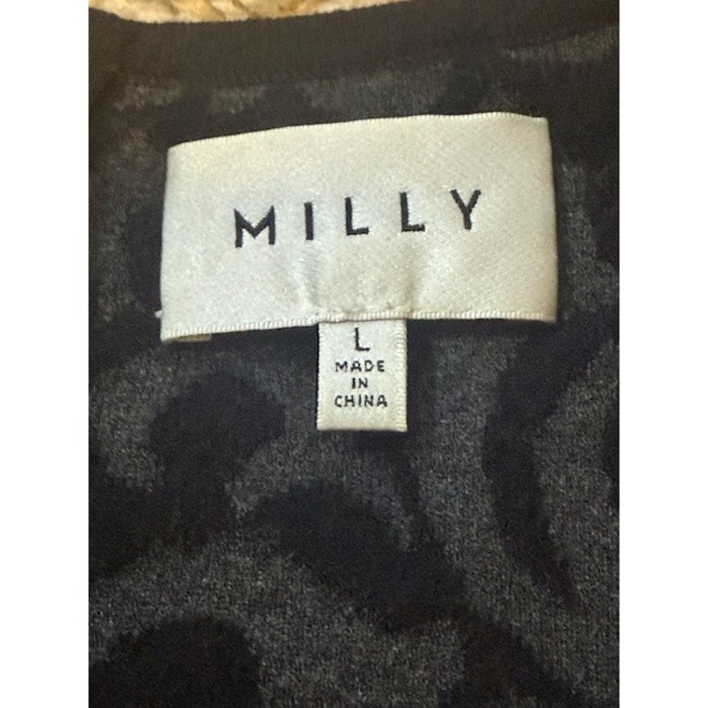 Milly Burnout Velvet Fit Flare Dress Size L Scrollwork Cap Sleeve Black Gray - Picture 7 of 9